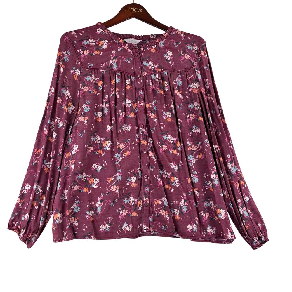 Lauren Conrad Long Sleeve Tunic Peasant Blouse Women’s XXL Floral Burgundy Rayon